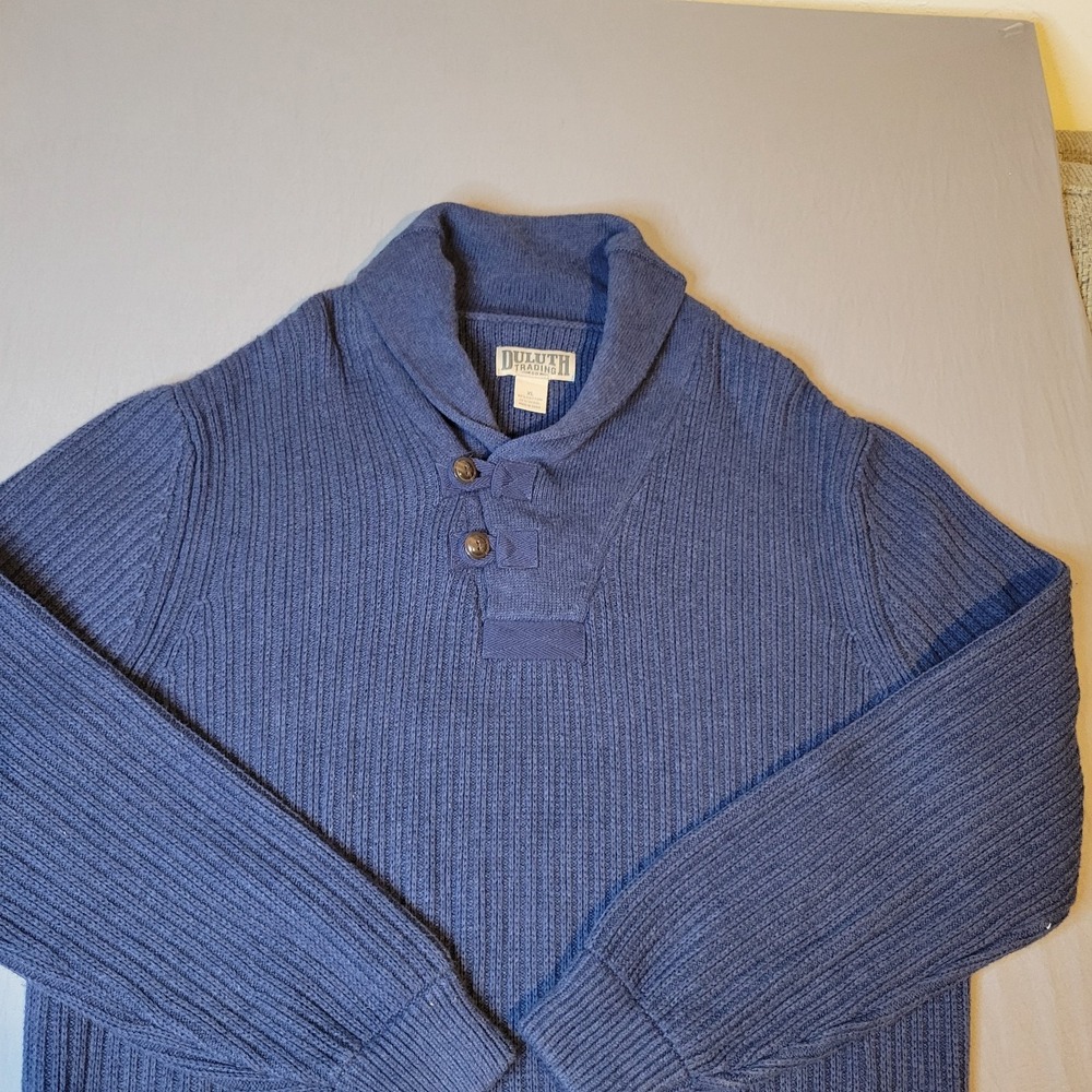 Duluth Trading Co Sweater Mens XL Blue Brigadier Shawl Collar Wool Blend - Picture 3 of 7